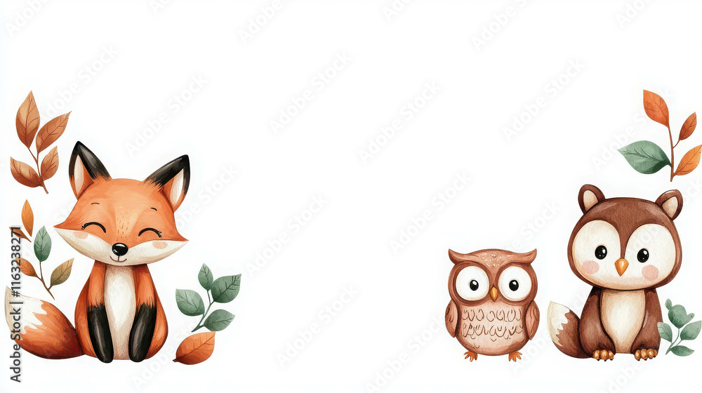 Naklejka premium Cute Forest Animals Banner with Fox, Owl, and Bear in a Playful Style