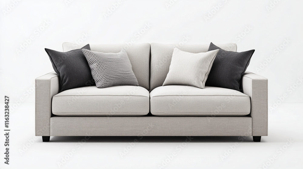 Obraz premium Comfortable fabric sofa with cushions isolated on white background for living room interiors