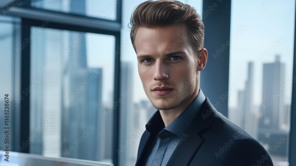 confident man in suit stands in modern office with city skyline view. His expression conveys determination and professionalism, embodying successful urban lifestyle confident man in suit stands in modern office with city skyline view. His expression conveys determination and professionalism, embodying successful urban lifestyle