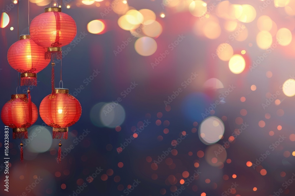 A Chinese New Year background featuring red lanterns and blurred lights, with ample copy space for text or design elements, in a 3D rendering illustration. Perfect for Chinese New Year promotions A Chinese New Year background featuring red lanterns and blurred lights, with ample copy space for text or design elements, in a 3D rendering illustration. Perfect for Chinese New Year promotions