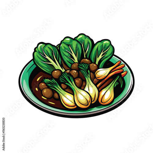 Create a vibrant vector illustration of stir-fried bok choy with garlic, showcasing glossy textures and rich colors.  Emphasize detail in the bok choy leaves and garlic cloves.