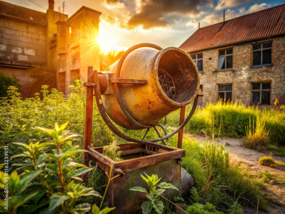 Rustic Old Concrete Mixer at Home Construction Site - Rule of Thirds Composition Rustic Old Concrete Mixer at Home Construction Site - Rule of Thirds Composition