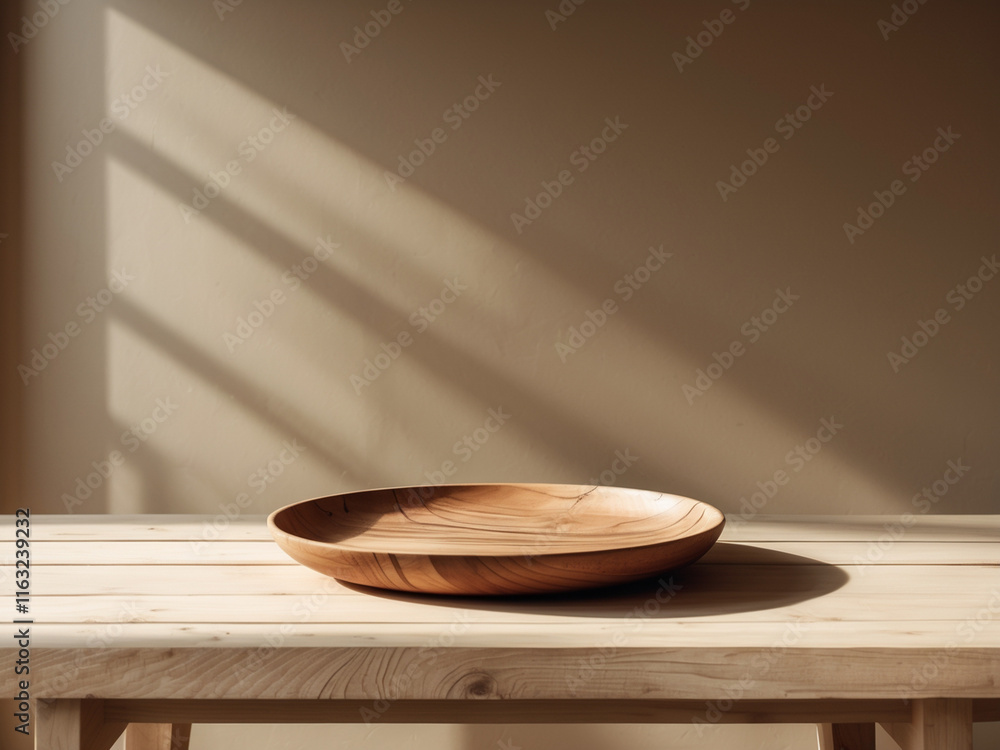 A minimalist still life of a round wooden bowl on a light wood table, illuminated by soft natural light and warm shadows. A minimalist still life of a round wooden bowl on a light wood table, illuminated by soft natural light and warm shadows.