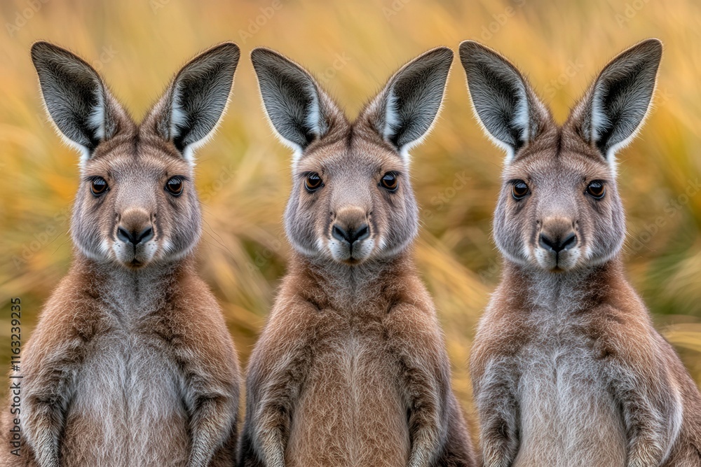 Three Kangaroos Standing Together in Nature Three Kangaroos Standing Together in Nature