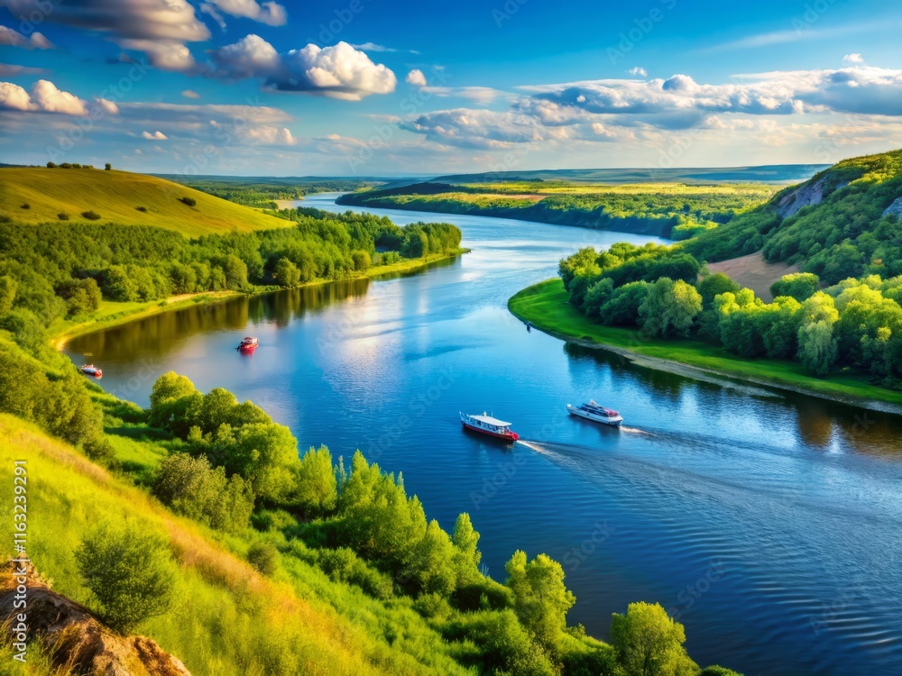 Obraz premium Samara River Scenic View: Boats, Hills, & Lush Trees in Russia