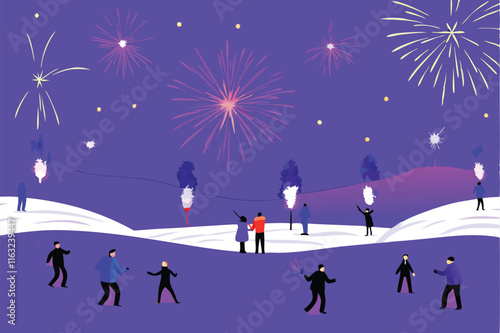 A picturesque winter wonderland scene featuring joyful people enjoying festive winter activities like sledding and snowball fights, amidst snow-covered trees and charming buildings.