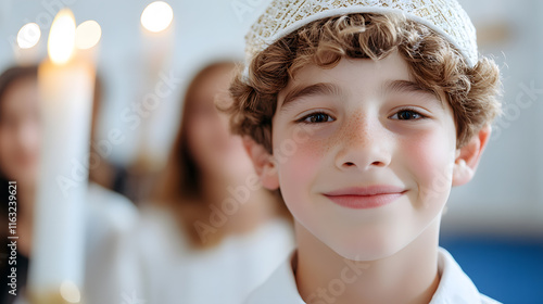 young boy celebrating his bar mitzvah with family, wearing kippah and smiling joyfully. atmosphere is filled with warmth and love, surrounded by candles and loved ones