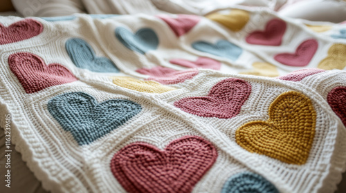 Cozy blanket with heart patterns in pastel colors, perfect for adding warmth and charm to any space. Ideal for snuggling or as decorative piece