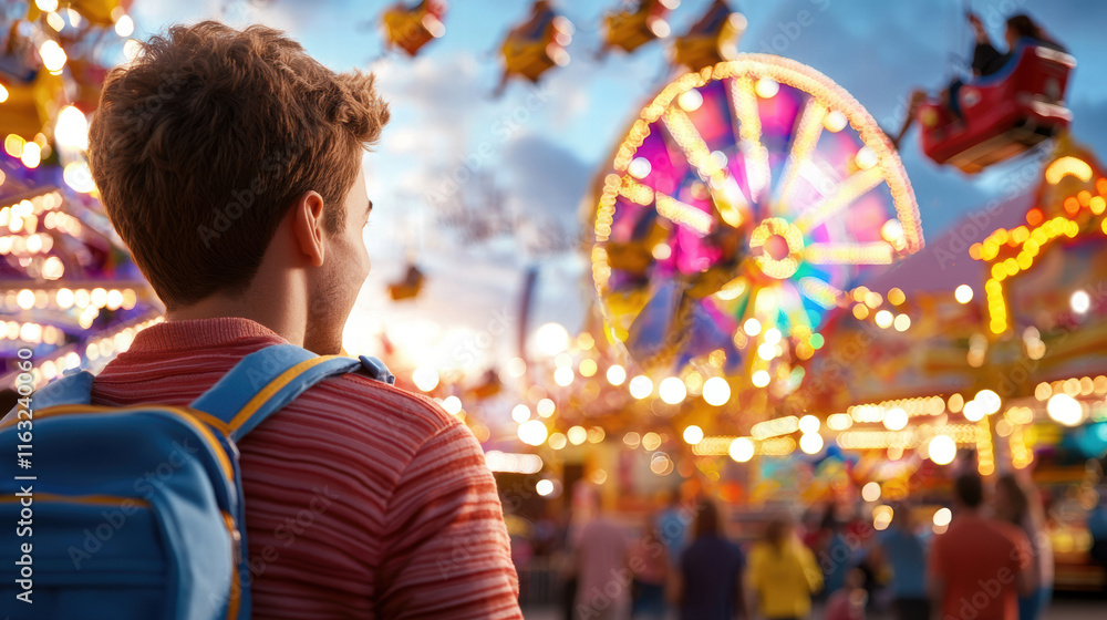 young boy enjoys vibrant carnival with colorful rides and lights young boy enjoys vibrant carnival with colorful rides and lights
