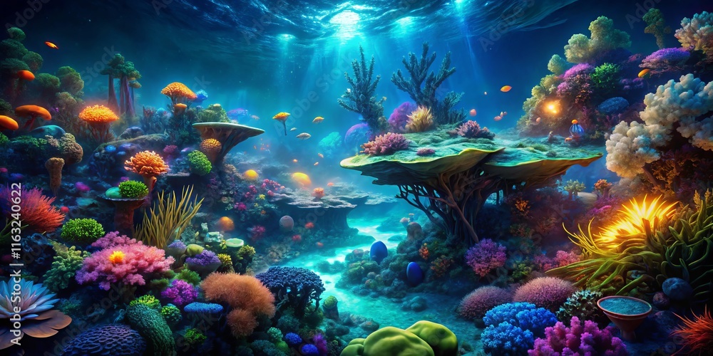 Fototapeta premium Surreal Underwater Night Scene: Bioluminescent Creatures & Coral Reefs