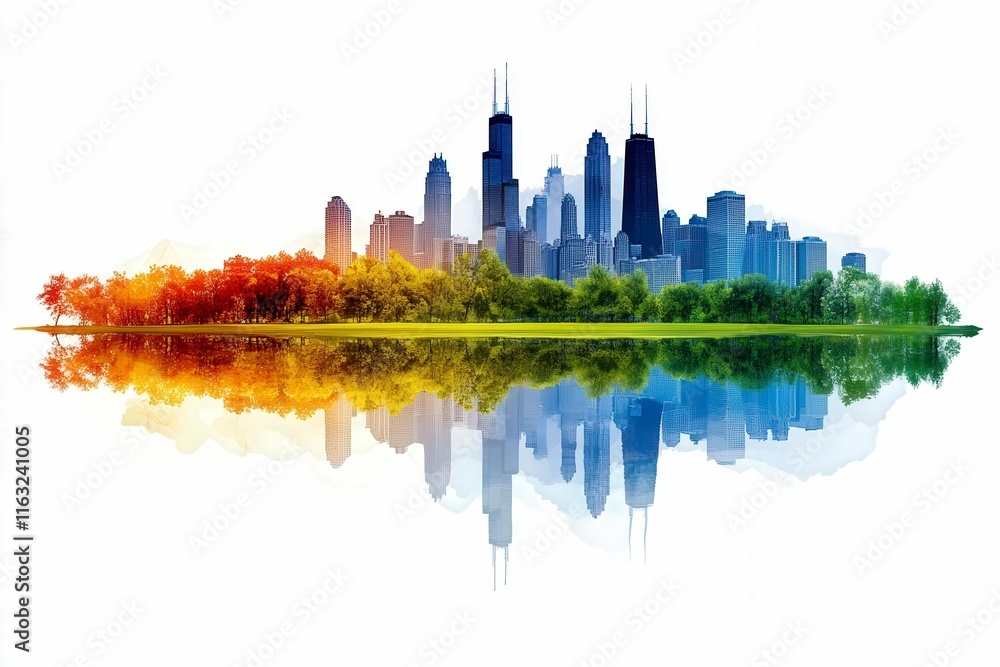 Fototapeta premium Vibrant Cityscape Reflection with Colorful Trees
