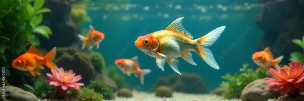 Goldfish wearing shark fin costume swimming in a bowl with colorful fish friends, aquatic animals, shark fin Goldfish wearing shark fin costume swimming in a bowl with colorful fish friends, aquatic animals, shark fin