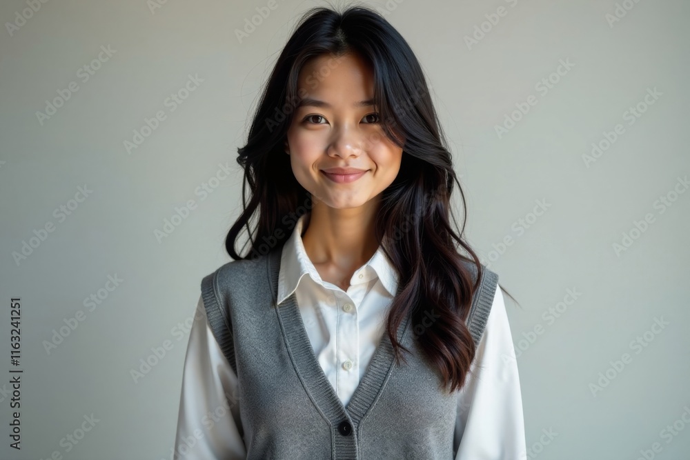 Gray sweater vest worn over white shirt, black hair in casual style, hair, desk Gray sweater vest worn over white shirt, black hair in casual style, hair, desk