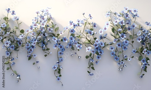 Cascading blue flowers on a white background.