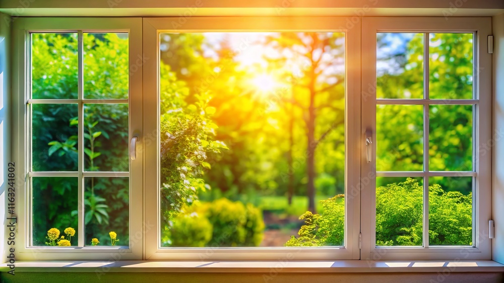 Fototapeta premium Wide Angle Modern House Window Green Garden Bokeh View Photography - Stunning Home Exterior Design
