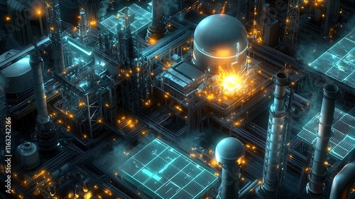Futuristic industrial complex at night with glowing lights and intricate structures.
