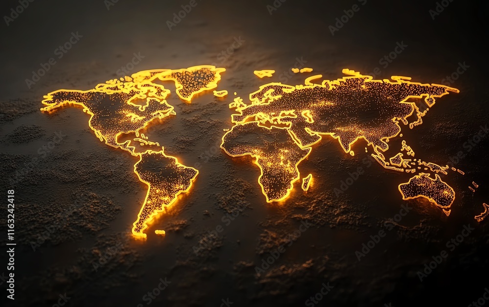 A dynamic 3D rendering of a digital world map with illuminated lights, symbolizing global connection and network concept on a dark background A dynamic 3D rendering of a digital world map with illuminated lights, symbolizing global connection and network concept on a dark background