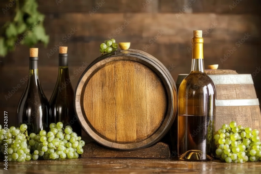 Fototapeta premium Wooden Wine Barrel with Bottles and Fresh Grapes