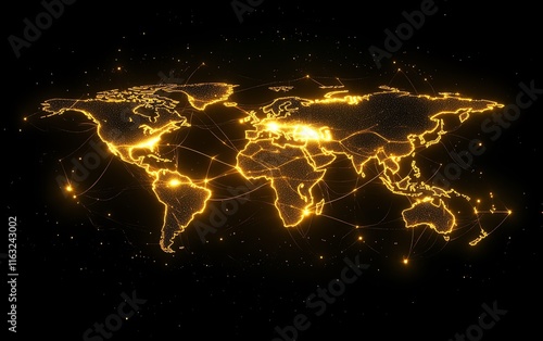 A futuristic 3D visualization of a digital world map with glowing connections and lights, representing global networking on a dark techinspired backdrop photo