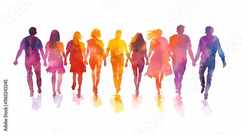 Watercolor illustration of multiple people holding hands, walking towards the camera on a white background