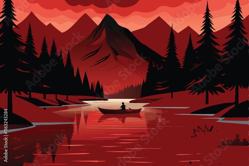 Create a vector illustration of a canoe gracefully gliding on a calm river, showcasing serene natural surroundings.