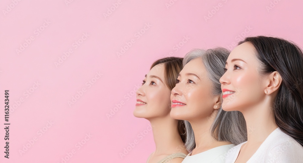 Three women of different ages smiling against a pink background. Three women of different ages smiling against a pink background.