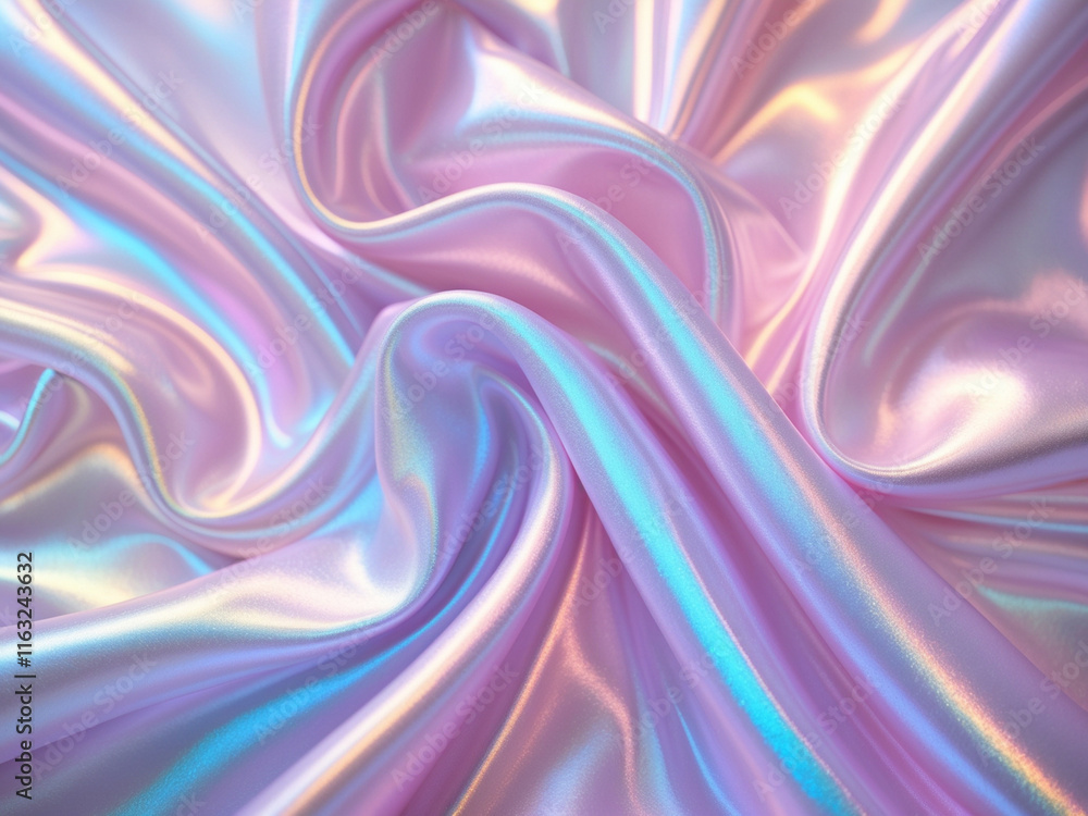 Obraz premium A close-up of iridescent, flowing fabric in soft pastel hues of pink, lavender, and blue, showcasing its smooth, silky texture and radiant light reflections.
