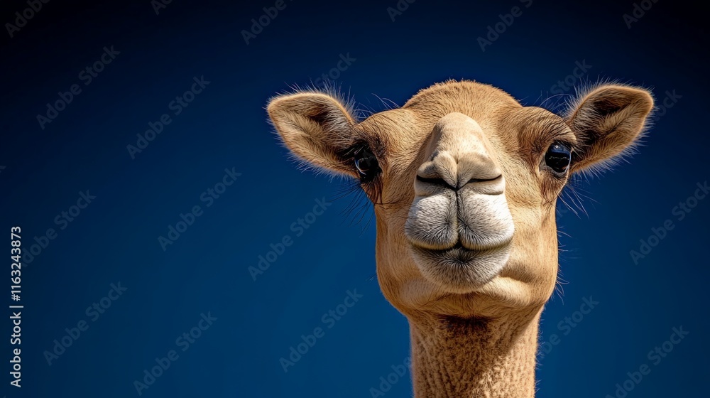 Obraz premium Camel Portrait: Close-up shot of a camel's face against a vibrant blue sky. The camel's curious gaze and unique features are highlighted in this captivating portrait. 