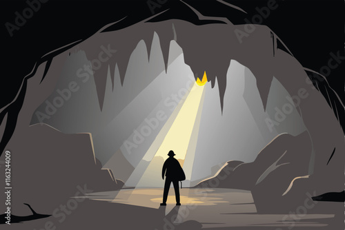 A detailed vector illustration of a lone hiker exploring a dark, mysterious cave system, showcasing intricate rock formations and a beam of light.