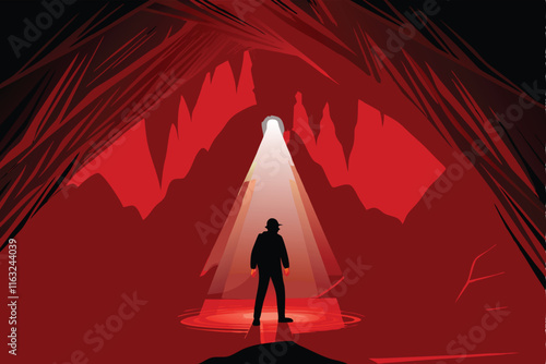 A stylized vector illustration of a lone hiker with backpack exploring a dark, mysterious cave.  Emphasis on adventure and discovery.