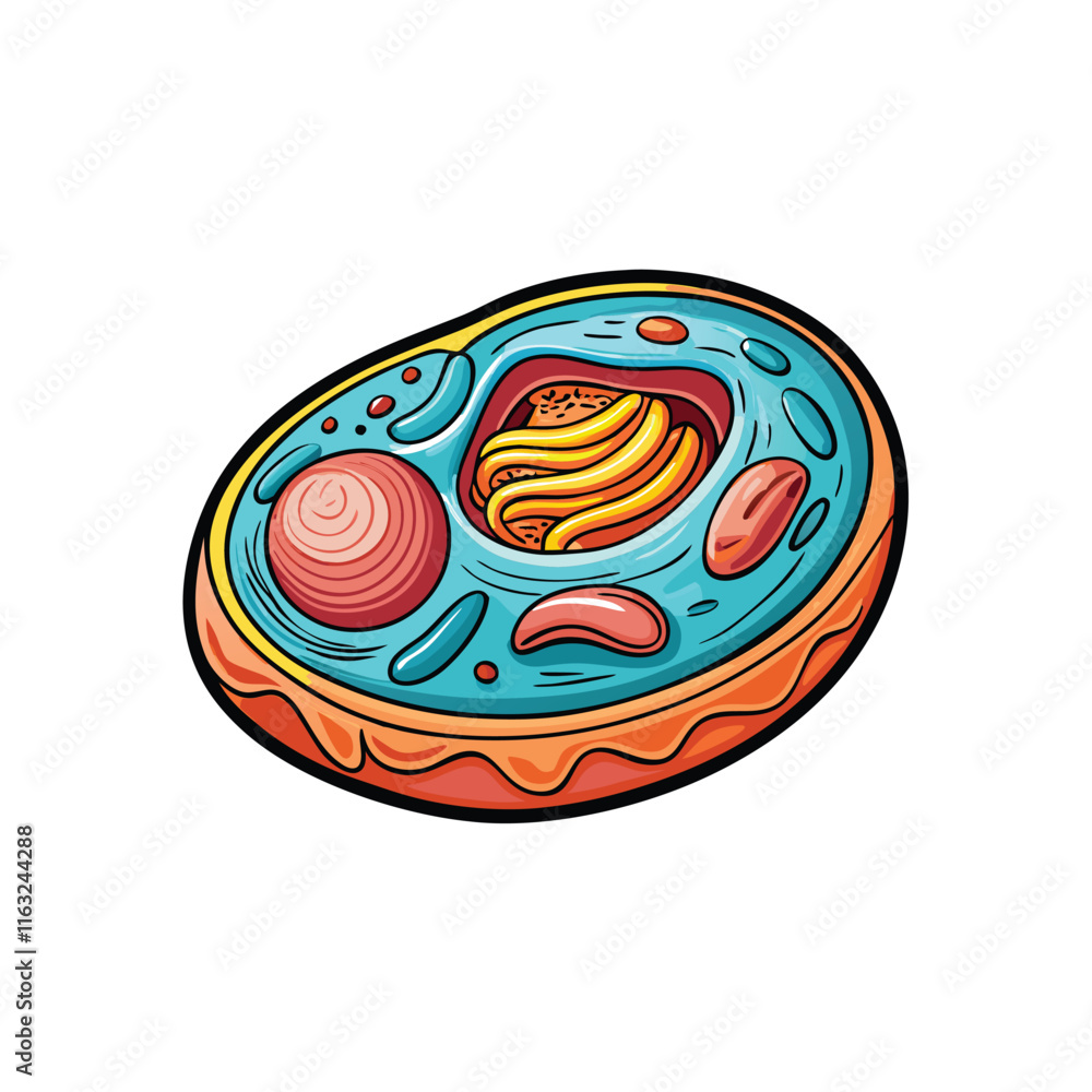 Design a vector illustration of a generalized animal cell, highlighting its key organelles. Focus on clean lines and vibrant colors. Design a vector illustration of a generalized animal cell, highlighting its key organelles. Focus on clean lines and vibrant colors.