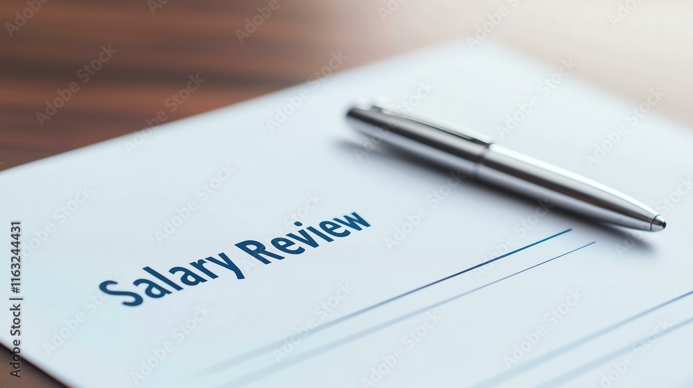 Close-up of a salary review document with a pen on a wooden desk. Close-up of a salary review document with a pen on a wooden desk.