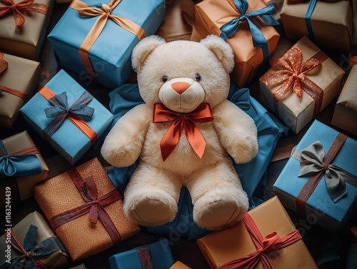 Colorful gift boxes surround plush teddy bear. Celebrating Safe Toys Month. Gifts in various colors, wrapping styles. Festive, joyful scene. Warm, comforting display of presents. Happy family moment. photo