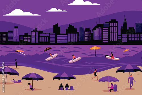 Vibrant vector illustration of a lively city beach scene, showcasing diverse people enjoying beach activities, city skyline backdrop.