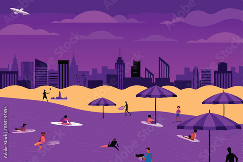 Vibrant vector illustration of a bustling city beach scene, showcasing people enjoying summer activities, skyscrapers, and beach umbrellas.