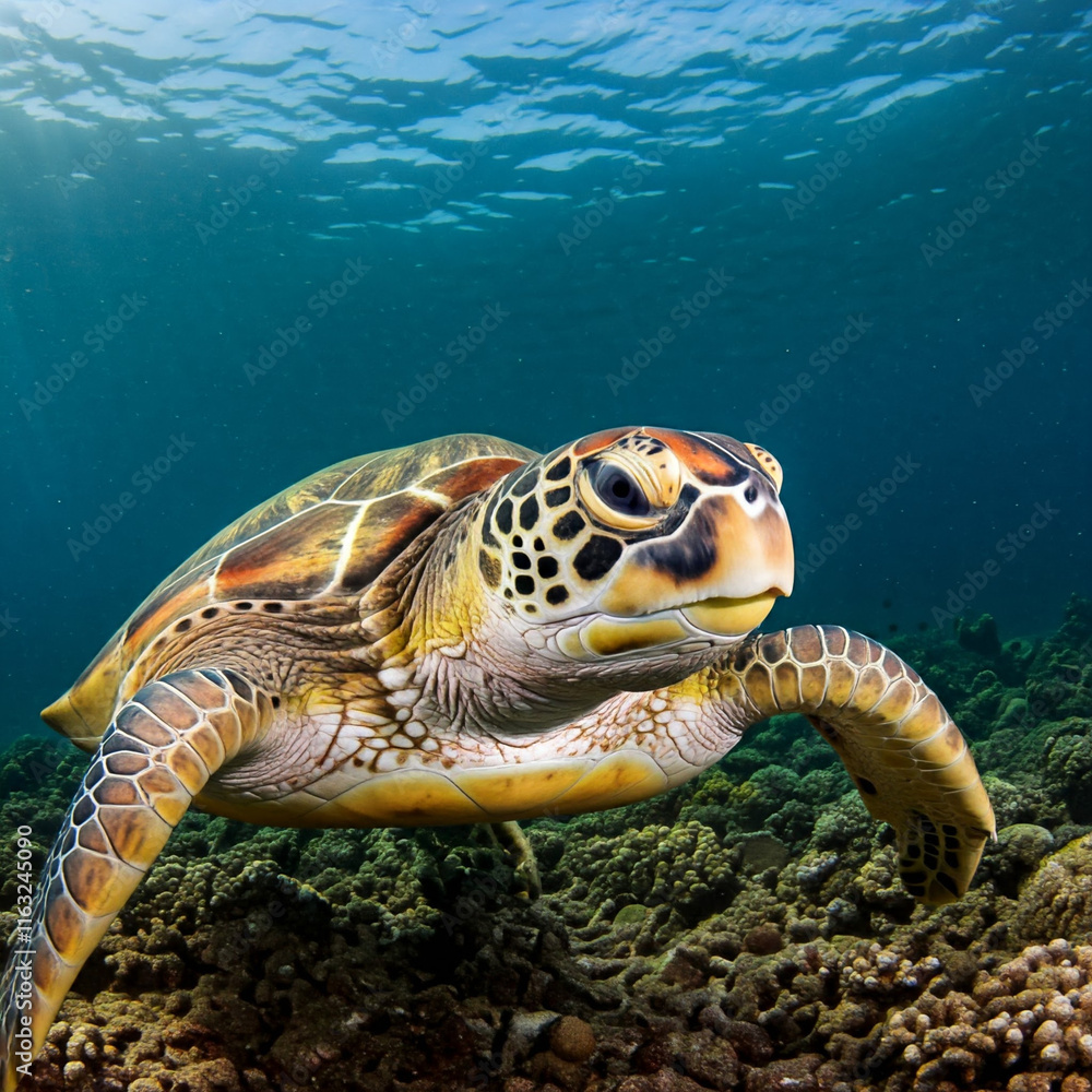 Fototapeta premium Did you know that sea turtles can sleep while swimming? They can regulate their buoyancy to stay afloat even when they're dozing off! Talk about multitasking! 