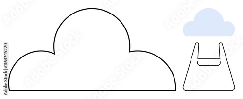 Large cloud outline adjacent to a transparent shopping bag with smaller cloud inside. Ideal for digital storage, cloud services, online shopping, technology solutions, data storage, e-commerce