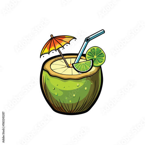 Close-up vector illustration of a refreshing coconut drink, showing the creamy texture and straw.  Emphasis on realistic detail.