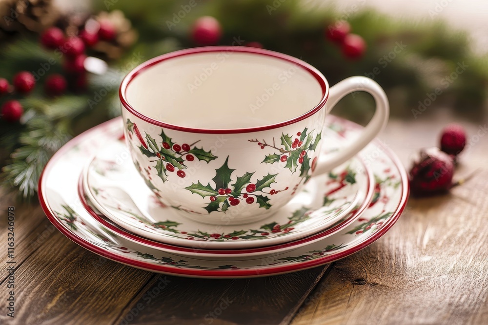 Elegant Christmas Cup and Saucer with Holly Design on Rustic Wooden Table Surrounded by Pine Cones and Festive Decorations for Holiday Gatherings Elegant Christmas Cup and Saucer with Holly Design on Rustic Wooden Table Surrounded by Pine Cones and Festive Decorations for Holiday Gatherings