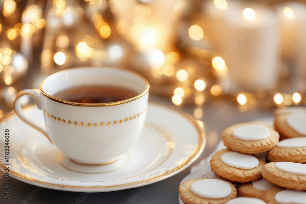 Elegant Cup of Coffee with Decorative Cookies and Soft Glowing Lights Creating a Warm Atmosphere for Relaxing Moments and Holiday Gatherings Elegant Cup of Coffee with Decorative Cookies and Soft Glowing Lights Creating a Warm Atmosphere for Relaxing Moments and Holiday Gatherings