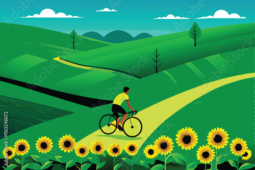 Create a vibrant vector illustration of a scenic countryside cycling tour, showcasing rolling hills, lush greenery, and a cyclist enjoying the ride.  Focus on idyllic rural scenery.