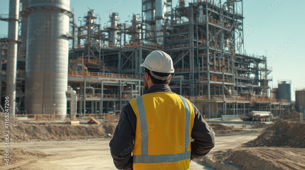 site manager in hard hat and safety vest observes industrial facility, showcasing large construction site with machinery and structures site manager in hard hat and safety vest observes industrial facility, showcasing large construction site with machinery and structures