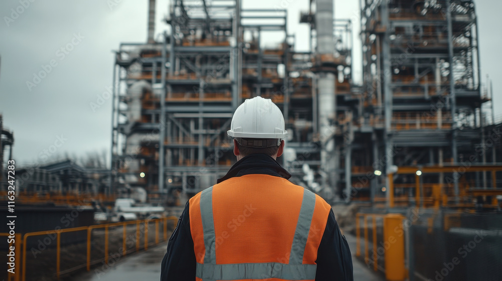 construction site manager in safety vest and hard hat observes industrial facility, showcasing importance of safety and oversight in construction construction site manager in safety vest and hard hat observes industrial facility, showcasing importance of safety and oversight in construction