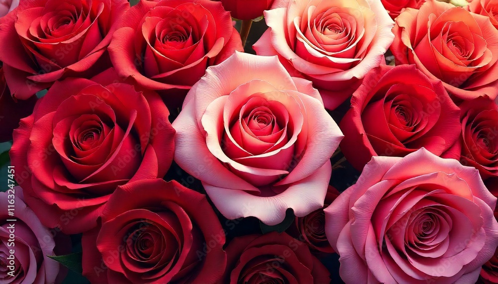 Close-Up of Red and Pink Roses Arranged in a Seamless Cascade with Warm Lighting Close-Up of Red and Pink Roses Arranged in a Seamless Cascade with Warm Lighting