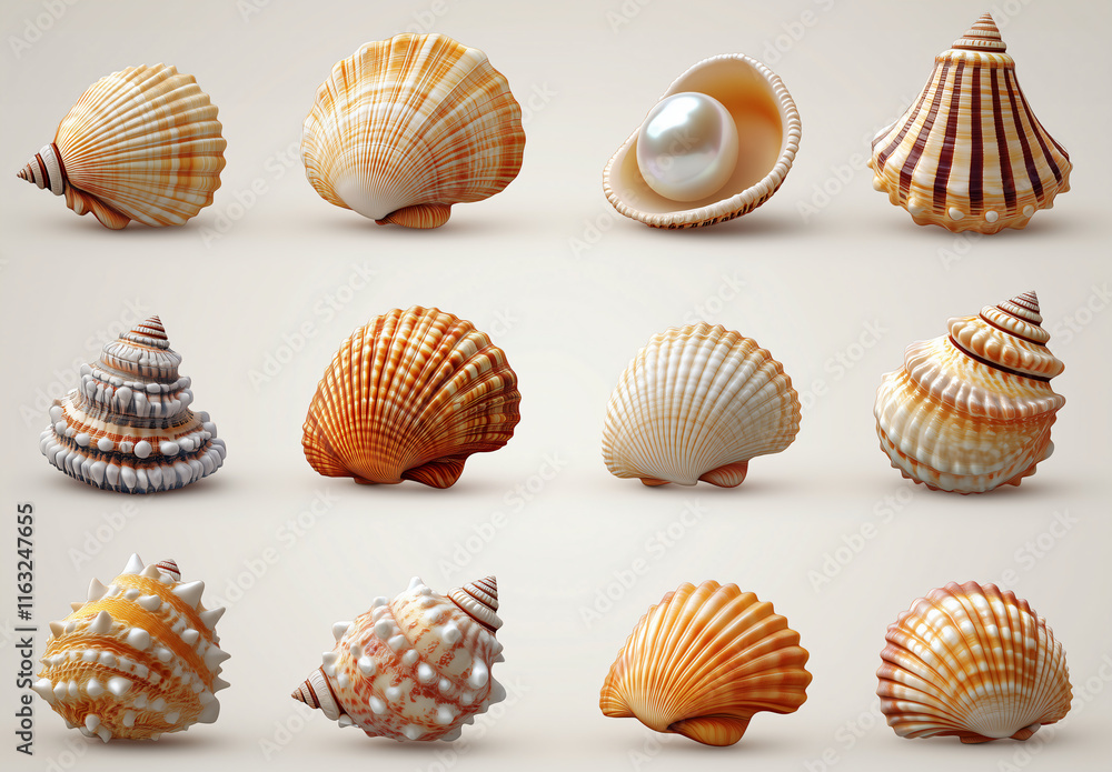 Variety of seashells with a pearl displayed on a neutral background showcasing unique textures and colors Variety of seashells with a pearl displayed on a neutral background showcasing unique textures and colors