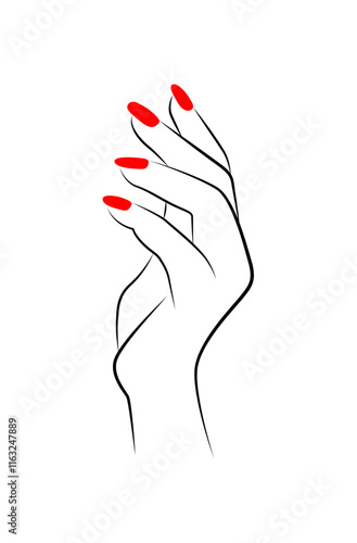 Beautiful Woman hand with red nails line art isolated on white background - vector illustration