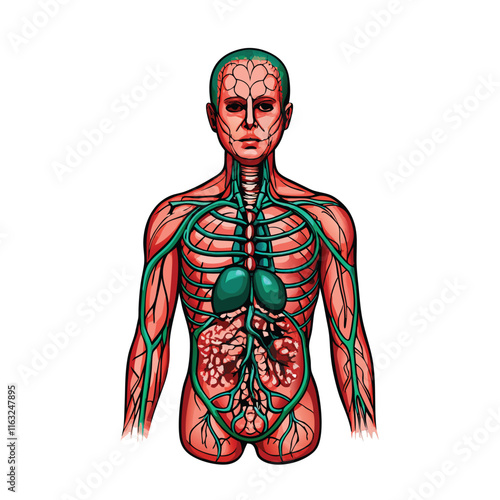 Create a detailed vector illustration of the human lymphatic system, highlighting lymph nodes, vessels, and the spleen.  Show accurate anatomical positioning and color-coding.