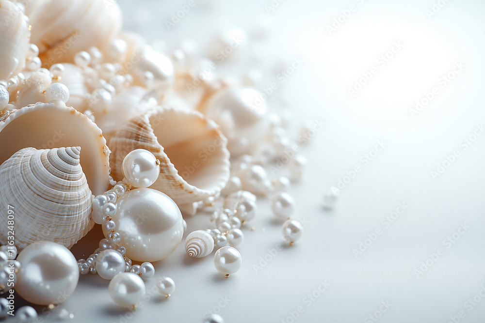 Beautiful assortment of seashells and pearls arranged artistically on a soft white surface Beautiful assortment of seashells and pearls arranged artistically on a soft white surface