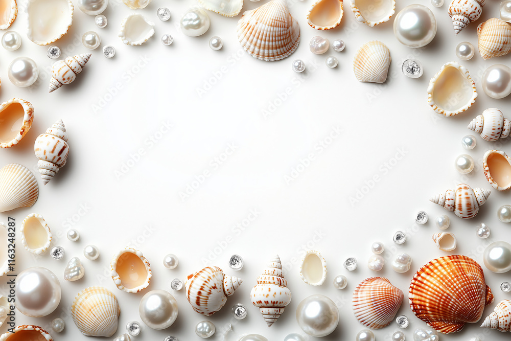 Obraz premium Decorative arrangement of seashells and pearls on a plain background for coastal-themed designs