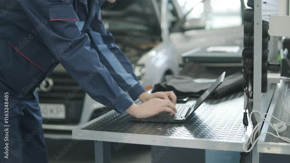 Mechanic in uniform sitting in a car performing diagnostics with a laptop. Modern automotive workshop setting with a focus on technology and vehicle maintenance Mechanic in uniform sitting in a car performing diagnostics with a laptop. Modern automotive workshop setting with a focus on technology and vehicle maintenance